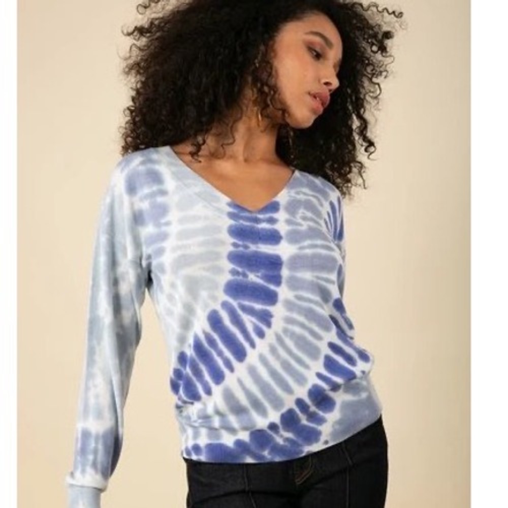 Hale Bob Charli Tie-Dye Sweater Womens XL Blue V-Neck Long Sleeve Boho Beachy